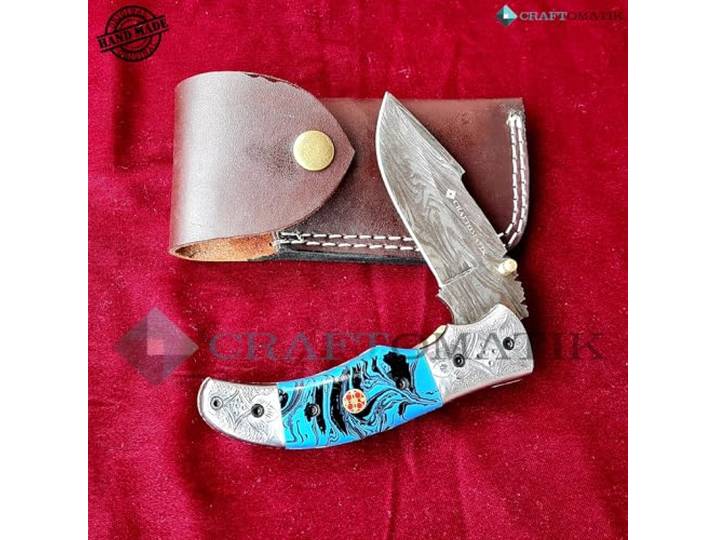 CRAFTOMATIK Gravierte Damast Stahl Taschenmesser Gravierte Blume Klappmesser Micarta, Gravierte Edelstahl, Mosaik Stift Griff Handgefertigt Outdoor Damastmesser Camping Messer FK45