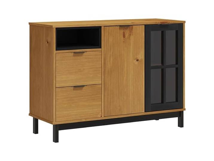 KPOTUERTU Sideboard mit Glastür FLAM 110x40x80 cm Massivholz Kiefer Massives Kiefernholz, zeitloses Design, Glastür, viel Stauraum, Ablagefläche für Deko