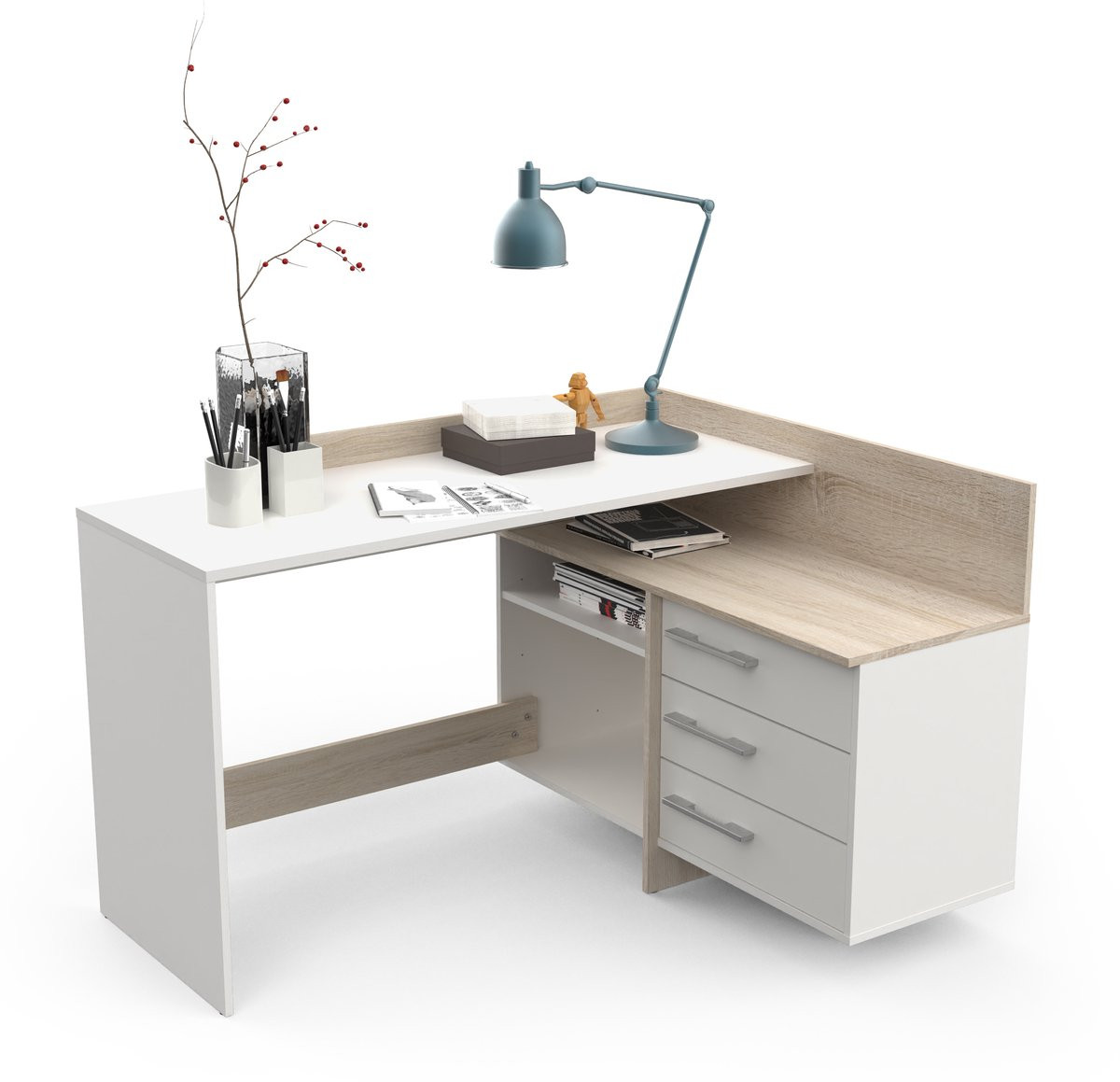 Hoekbureau Thales wit met eiken, Breedte: 129 cm