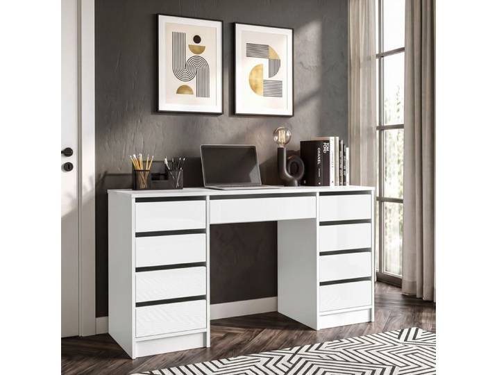 Bureau BELLA DOPPIO - avec 9 tiroirs - moderne - 150x55x78 cm - Blanc Brillant