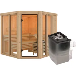 Karibu Sauna Airi Superior mit Eckeinstieg 68 mm Ohne Dachkranz 9 kW Ofen integr. Steuerung