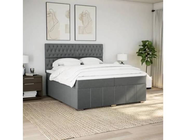 KTHLBRH Boxspringbett 200 x 200 cm dunkelgrau mit 2 Matratzen Taschenfedern, verstellbares Kopfteil, inklusive Matratzenschoner, atmungsaktiver Stoff