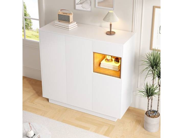 Meuble à Chaussures - Moderne Blanc et Bois Clair avec Éclairage LED 16 Couleurs Rangement Pratique 105x39 5x100 5 cm