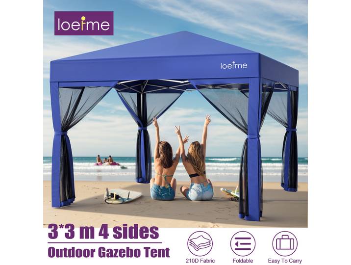 LOEFME Tonnelle portable 3x3M, abri pop-up avec moustiquaire, imperméable, coupe-vent, protection solaire, auvent extérieur, tente de camping