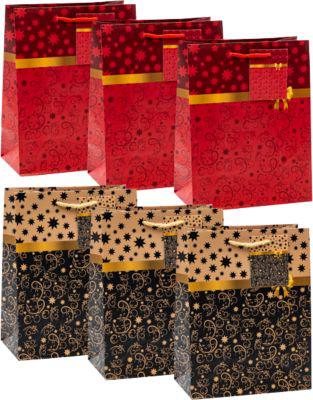 TSI Geschenktüten Set Serie 9, 6-teilig, 3 x Motiv „schwarz/gold mit Schleife“/3 x Motiv „rot/gold mit Schleife“, PP-Folie, gold-rot-schwarz