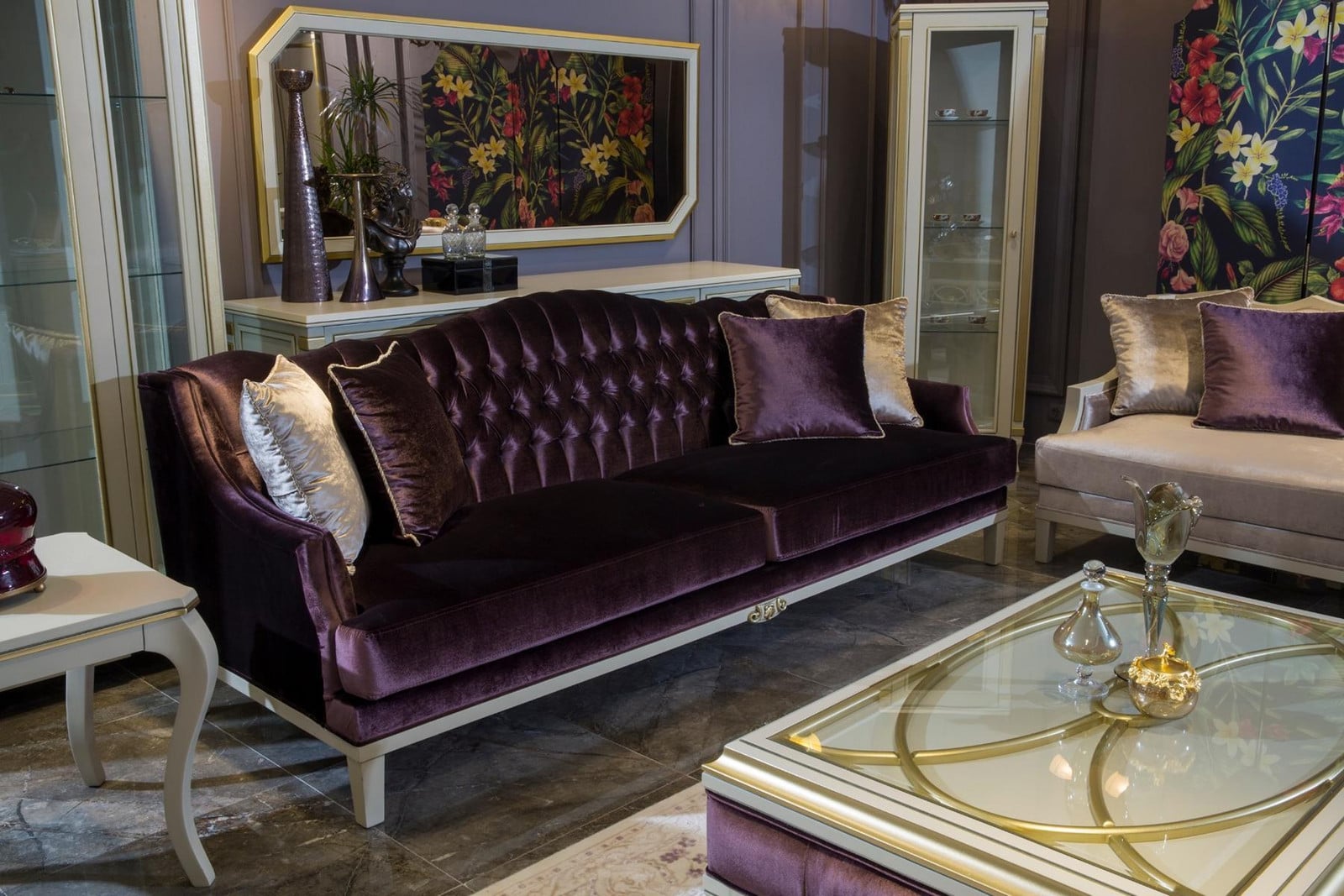 Lila Chesterfield Barok 3-Zits Bank in Textiel