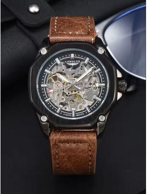 Uplift Essentials Automatic Mechanical Watch Hollow Dial Leather Strap For Men brown