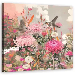 WANDBILD vögel und blumen auf dem feld
