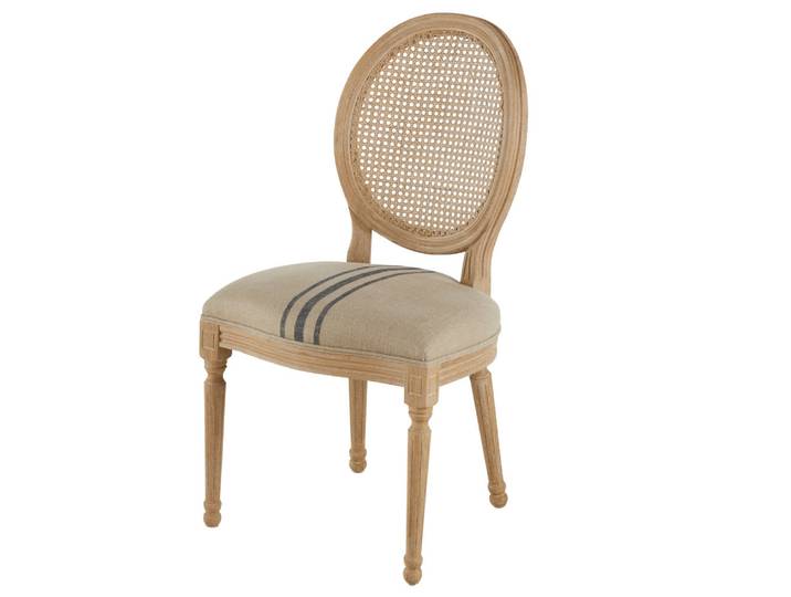 Chaise médaillon en bois de frêne, cannage en rotin et lin beige et bleu-gris