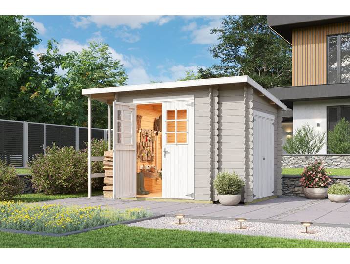 Gartenhaus NORDIC HOLZ Vilano 3 , grau (lichtgrau), ohne Fußboden, ohne Dacheindeckung, Massivholz, Gartenhäuser, Gartenhaus, mit 3 getrennten Bereiche