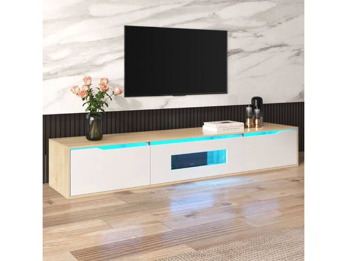 Armoire TV Elégante Meuble TV Haut Brillant Support TV Mural 3 Portes Spéciaux Table Blanc et bois avec Lumière LED 180x35x30cm