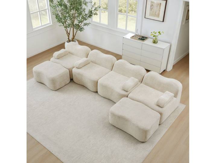 JOINERY Canapé Modulable 4 Places En U Avec 2 Poufs Velours Beige Mousse 32D Sans Structure Interne Pour Salon Familial