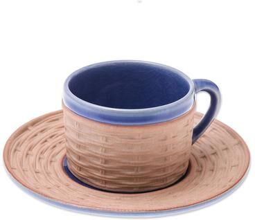 Novica Handmade Wicker In Blue Ceramic Cup And Saucer