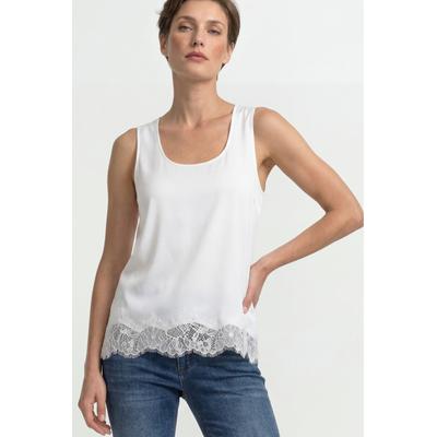 Shirttop RICHROYAL, Damen, Gr. 34, weiß (pearl weiß), Web, Obermaterial: 96% Polyester, 4% Elasthan, unifarben, normal normal, Rundhals, Tops Shirttop, mit Spitzenbesatz am Saum, edle Satin-Optik