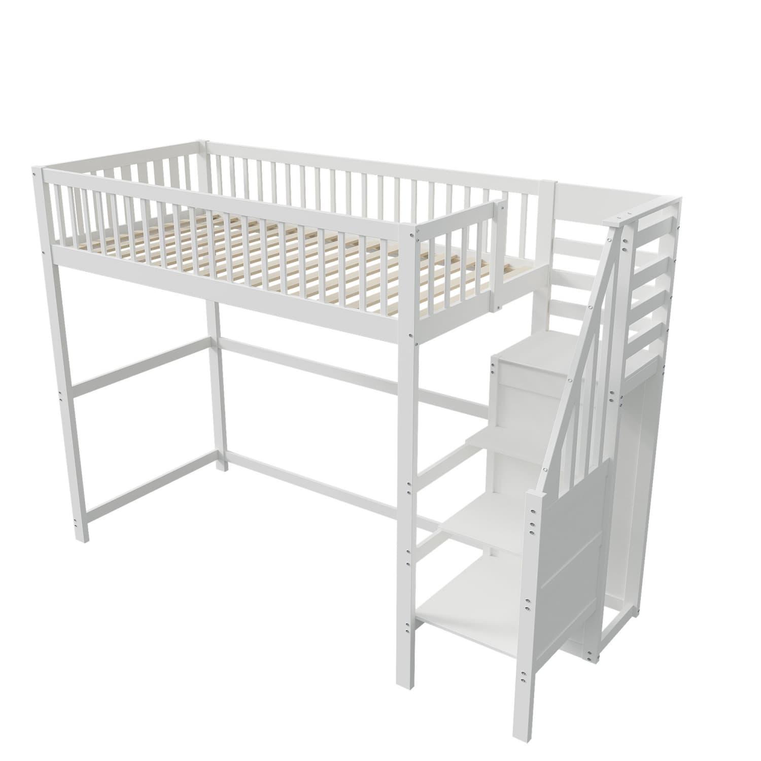 Hochbett 90x200 mit Treppe, weißes Kinderbett aus Holz mit Aufbewahrungsregal, einfacher Kleiderschrank