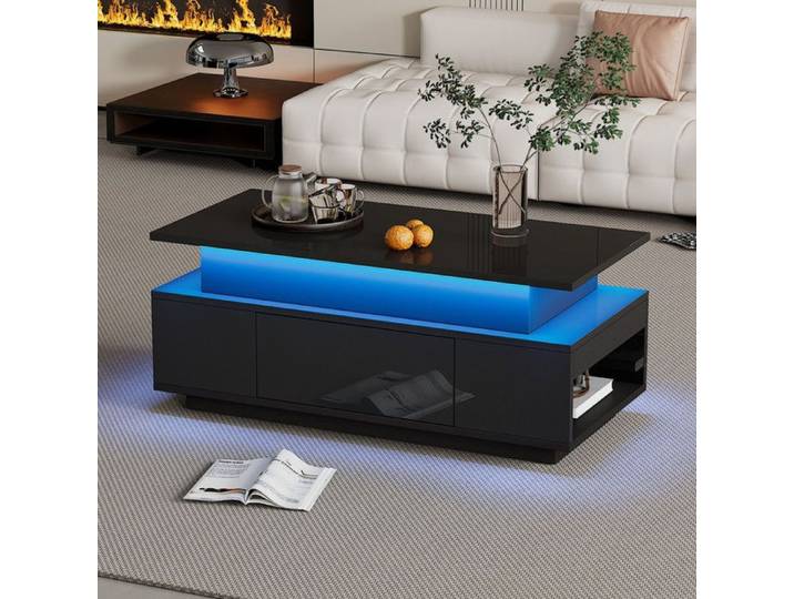 Comfyu - Table basse laquée brillante Relevable - Table d'appoint avec rangements et tiroirs dissimulés - Éclairage LED - Noir