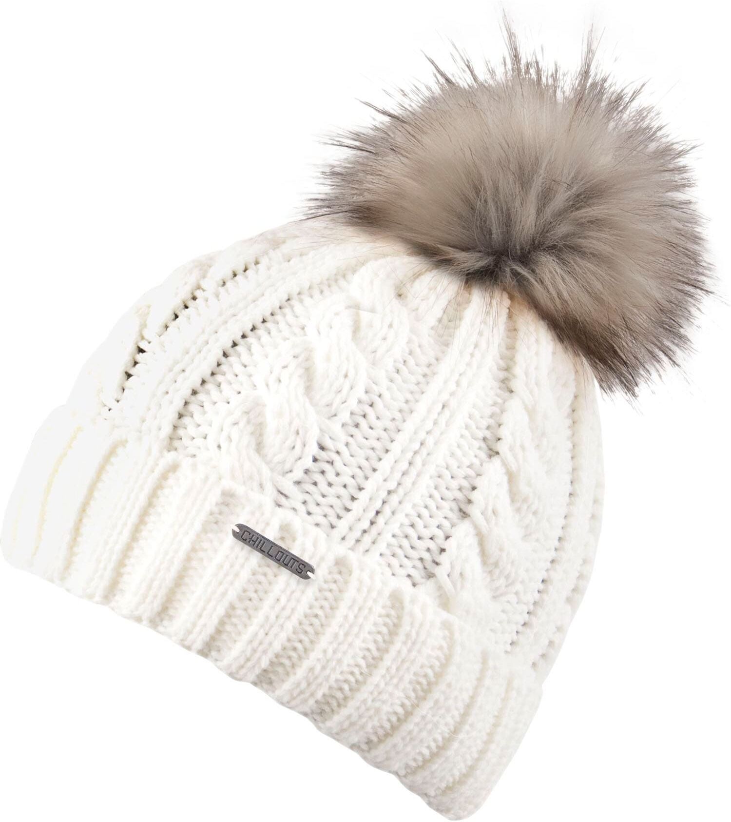 Bommelmütze CHILLOUTS "Joan Hat", Damen, weiss (off, weiß), Grobstrick, Kunstfaser, Zopfmuster, unifarben, Mützen Bommelmütze, Mit Fake-Fur Pom Pom, Zopfmuster off, weiß Einheitsgröße
