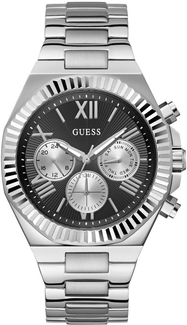 Multifunktionsuhr GUESS "EQUITY", silber (silberfarben, schwarz), Armbanduhren, Herren, silberfarben, Multifunktionsuhr, Armbanduhr, Quarzuhr, Herrenuhr, Edelstahlarmband