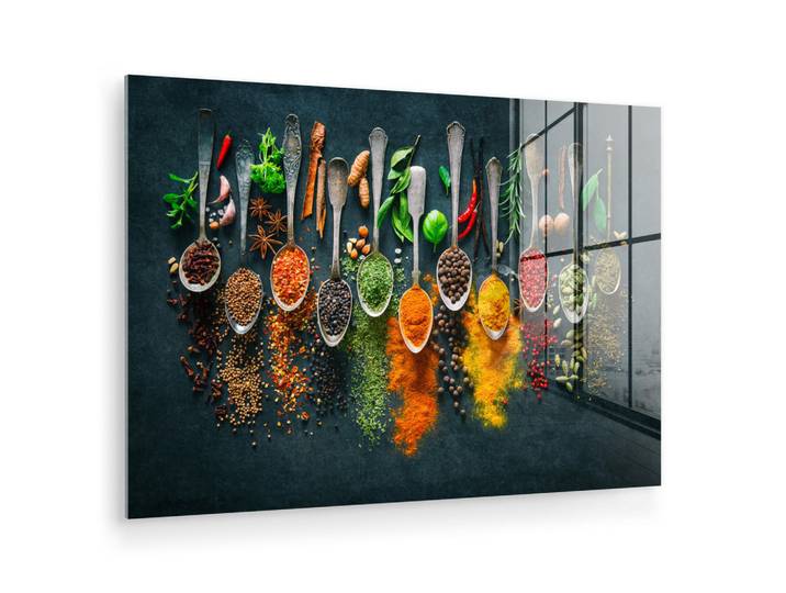 MuchoWow Acrylglasbild Kräuter - Gewürze - Löffel Room Decor 90x60 cm, Currygelb, Glas, Rechteckig, 90x60 cm, Bilder & Rahmen, Bilder, Acrylglasbilder