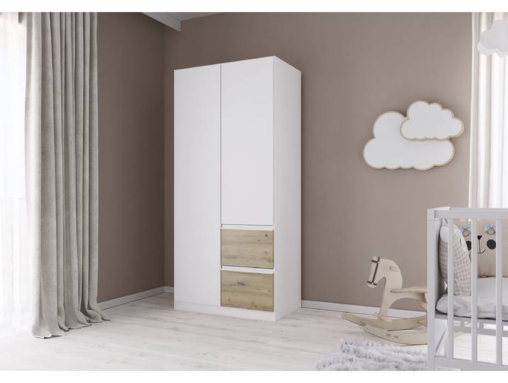 Drehtürenschrank Costa 91cm Weiß/Alpinweiß/Eiche Artisan Dekor Classic