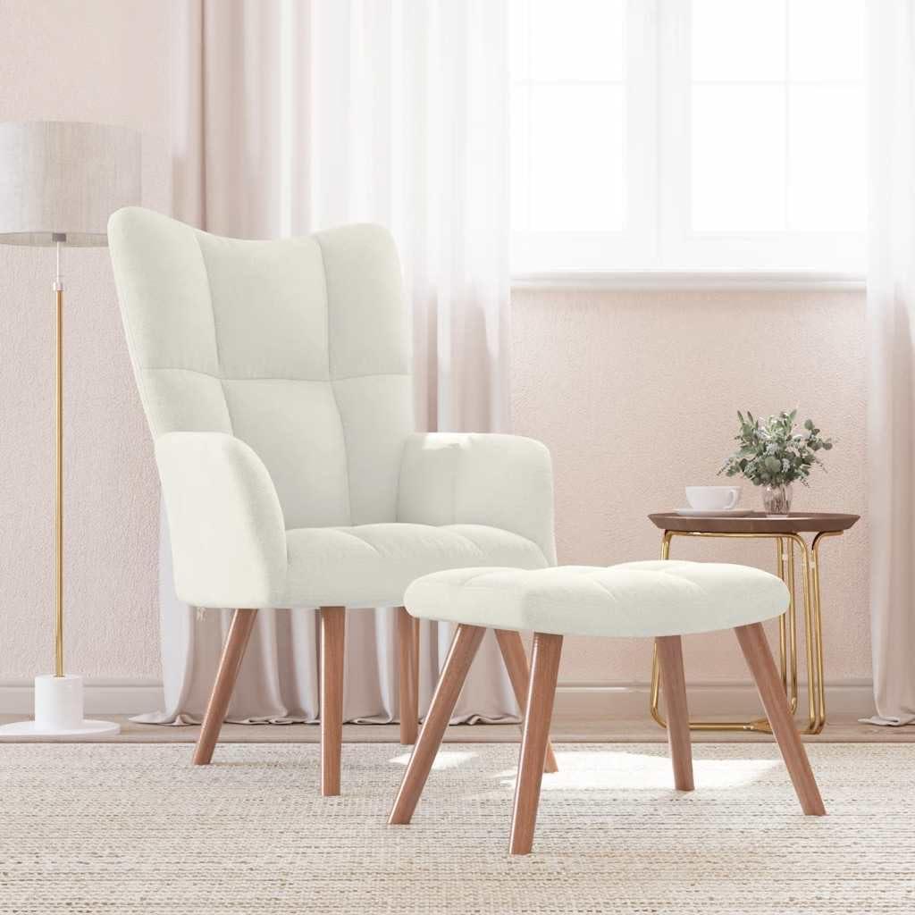 Cremeweißer Relaxsessel aus Samt mit Hocker, Polsterung, Arm- und Rückenlehne sowie Holz-Metall-Gestell für Wohnbereich, Büro und Gästeecke