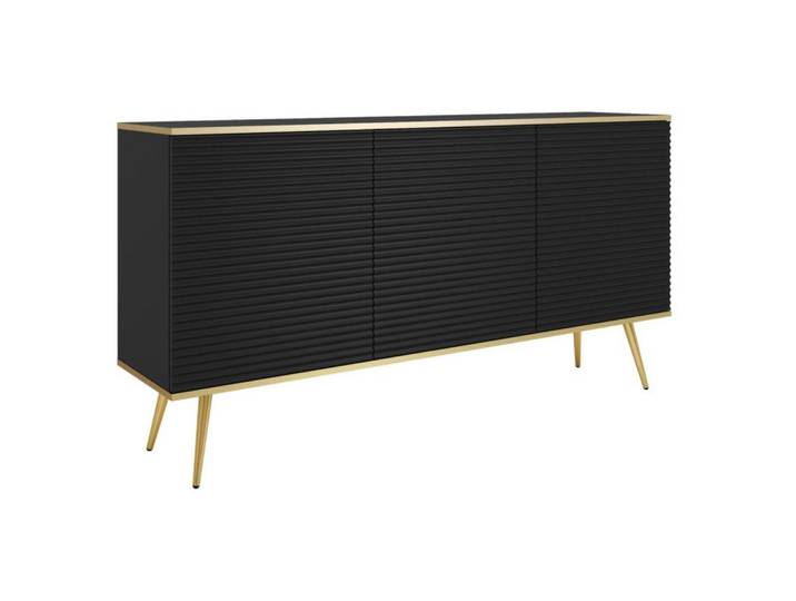Sepro Meble Sideboard Schwarz Polo Mit Goldfarbenen Beinen Gerillte Fronten 160 cm, 160x85x39 cm, Kleinmöbel, Kommoden, Sideboards