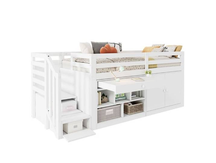 Lit Enfant Multifonctionnel Bois 90x200cm Escalier Rangement Interchangeable Tiroirs Bureau Blanc Sans Matelas