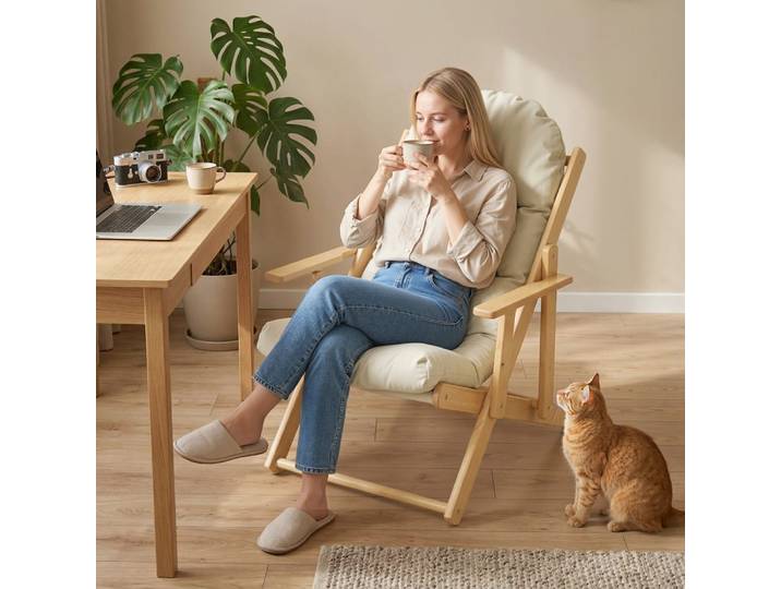 Fauteuil relax pliable coussin capitonné confortable bois blanc