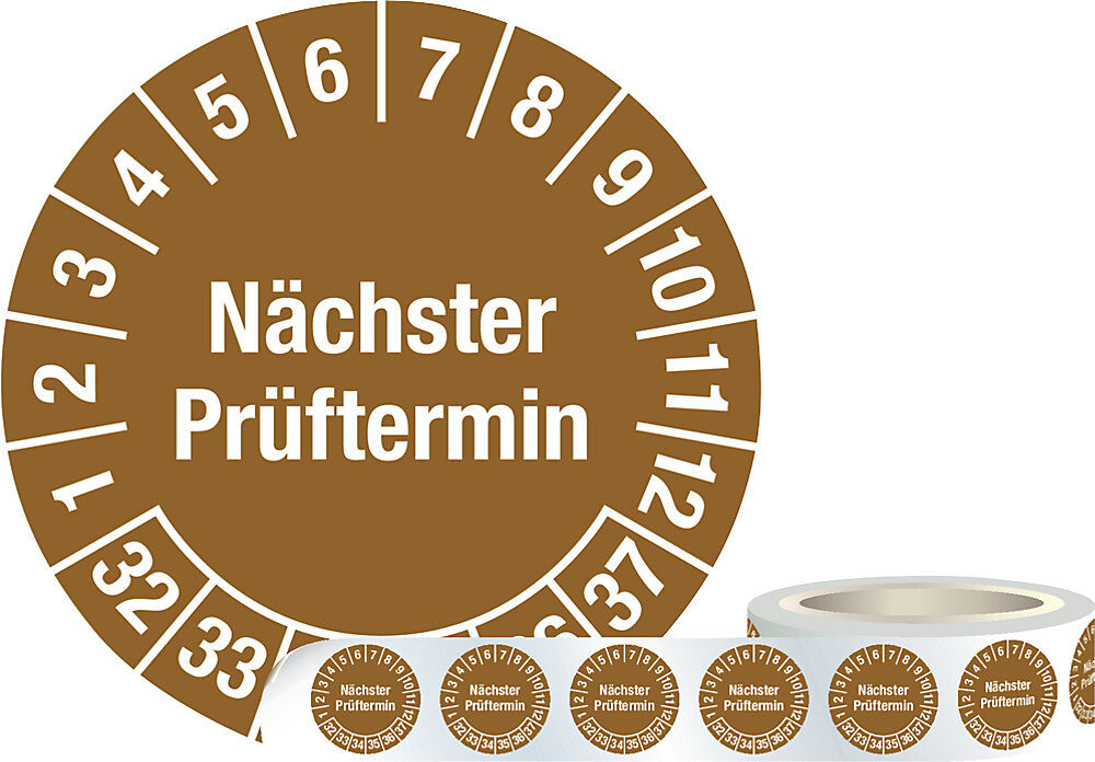 kaiserkraft Prüfplakette (Nächster Prüftermin), Folie, Ø 30 mm, 1 Rolle mit 1000 Stück, 32 - 37, braun