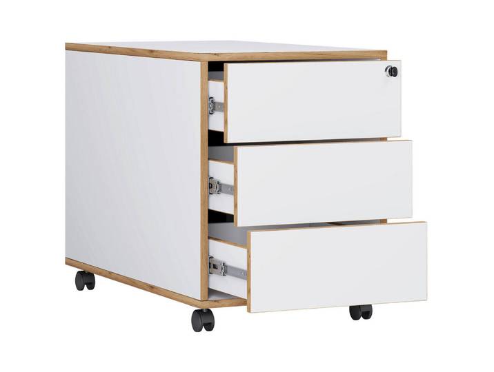 P & B Rollcontainer, Weiss, Honigeiche, Kunststoff, 3 Schublade(n) Schubladen, 42x50x45 cm, griffloses Öffnen, Büromöbel, Container, Rollcontainer