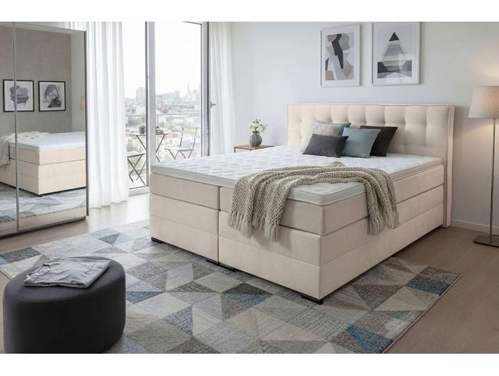 Boxspringbett HOME AFFAIRE Köln, Doppelbett, Polsterbett, Federkernbett, Komforbett, 160, 180 cm , beige, B:187cm L:219cm, 100% PES, Komplettbetten, Boxspringbett, inkl. Topper, zwei Bettkästen, Taschen-Federkernmatratze, Härtegrad 3