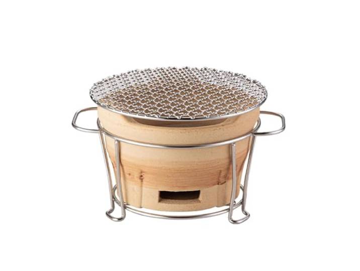 Tragbares Holzkohlegrill-Set, Camping-Tischgrill aus Ton mit Edelstahlrost und Metallständer – Holzkohlefeuerstelle zum Kochen und Teekochen(22cm)
