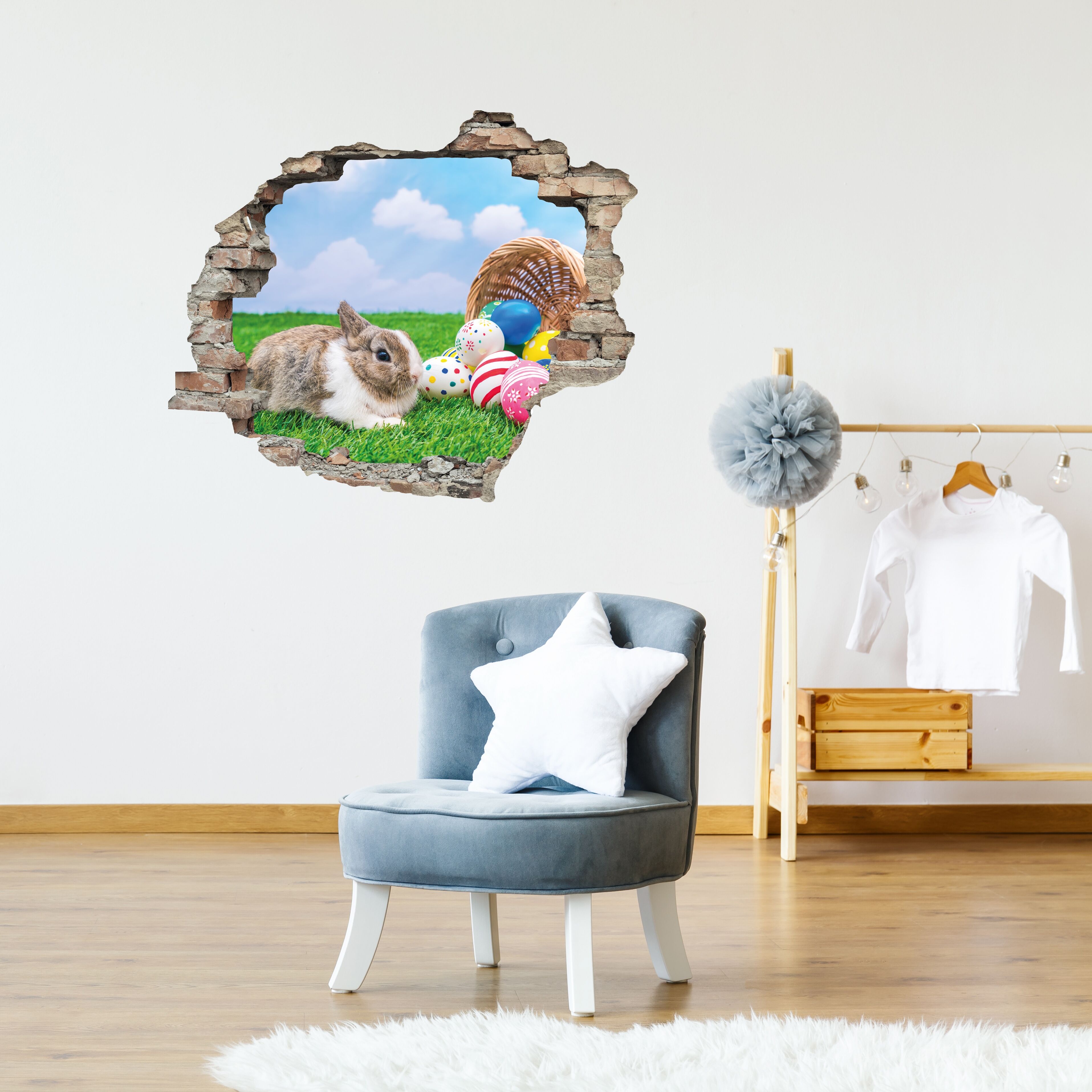 3D-Wandtattoo QUEENCE "Hase mit bunten Ostereiern", bunt, B:60cm H:50cm, Vinyl, Wandtattoos, 3D-Wandtattoo, Selbstklebender Wandsticker Ostern Wanddurchbruch 60x50cm bunt B/H/T: 60cm x 50cm, Grashalm Grashalme Kaninchen