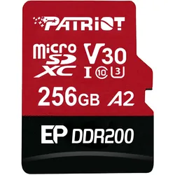 Patriot EP DDR200 + Leser/Micro SDXC/256GB/UHS-I U3 / Klasse 10 (256 GB, microSDXC, U3, UHS-I), Speicherkarte, Rot, Schwarz