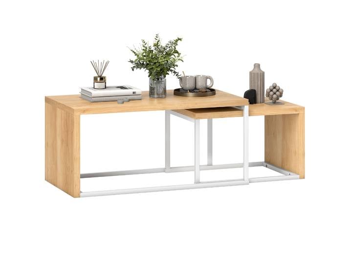 Homcom Ensemble de 2 tables basses modernes, tables gigognes avec structure en métal pour salon, 90x48x42 cm et 59x42x36 cm, naturel et blanc