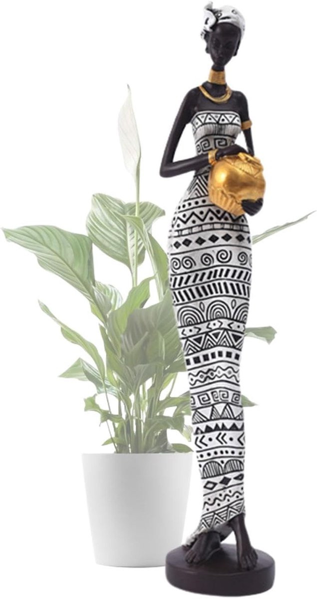 Handgemaakt Vintage Afrikaans Vrouwen Beeldje - Kleurrijke Tribal Sculptuur voor Woonkamer Decoratie - Hoogte: 41,5 cm