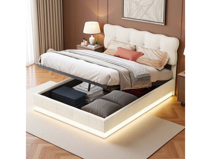 Lit Double 160x200 - Lit Coffre Adulte - Système Hydraulique Silencieux - Éclairage RGB - Design Moderne