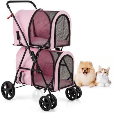 Costway 4-in-1 Double Pet Stroller with Detachable Carrier and Travel Carriage-Pink