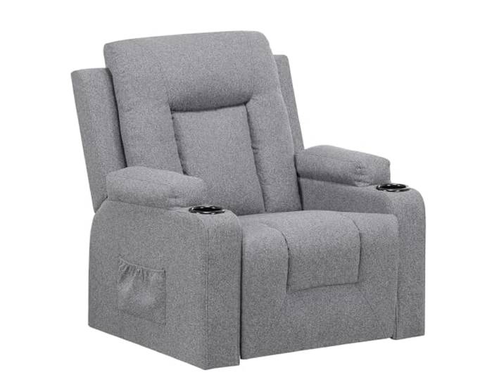 COMHOMA Relaxsessel aus Stoff für Wohnzimmer mit Manuell Verstellbarer Rückenlehne, Ausziehbarer Fußstütze, 360° Drehfunktion, Becherhaltern, Seitentaschen und Ergonomischem Design, Dunkelgrau