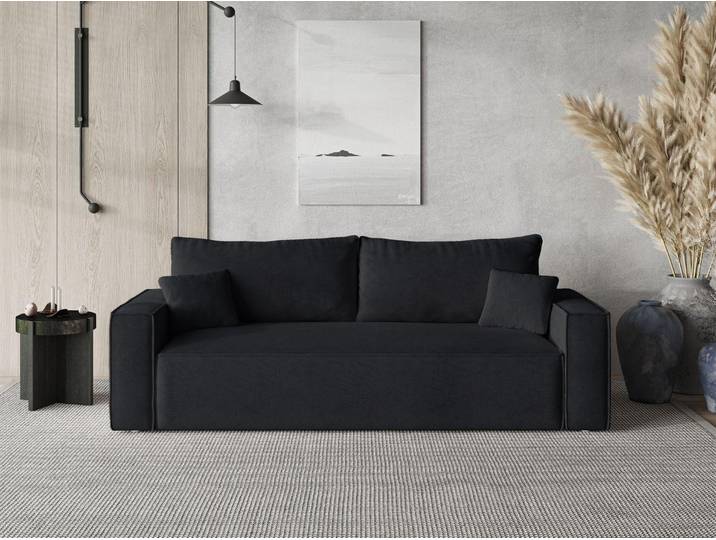 GrainGold 3-Sitzer Sofa Sivra - Gepolstertes Sofa - Moderne Sofa mit Bettfunktion - Wohnzimmer Sofa mit Velvet-Stoff - Schwarz