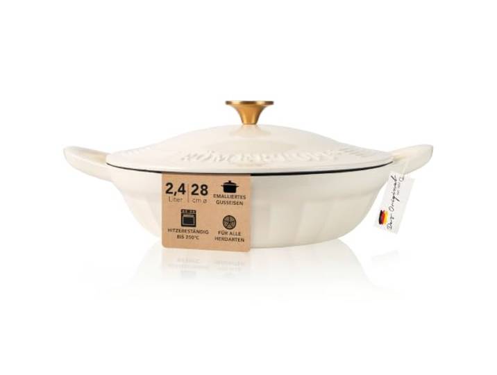 Römertopf Schmorpfanne Gusseisen 28 cm 2,4 L mit Deckel, Creme Sautépfanne zum Anbraten und Schmoren, alle Herdarten inklusive Induktion, ofenfest 250 °C, PFAS-frei