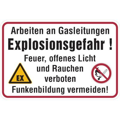 Hinweisschild, Arbeiten an Gasleitungen - 600 x 400 x 0.6 mm Aluminium geprägt