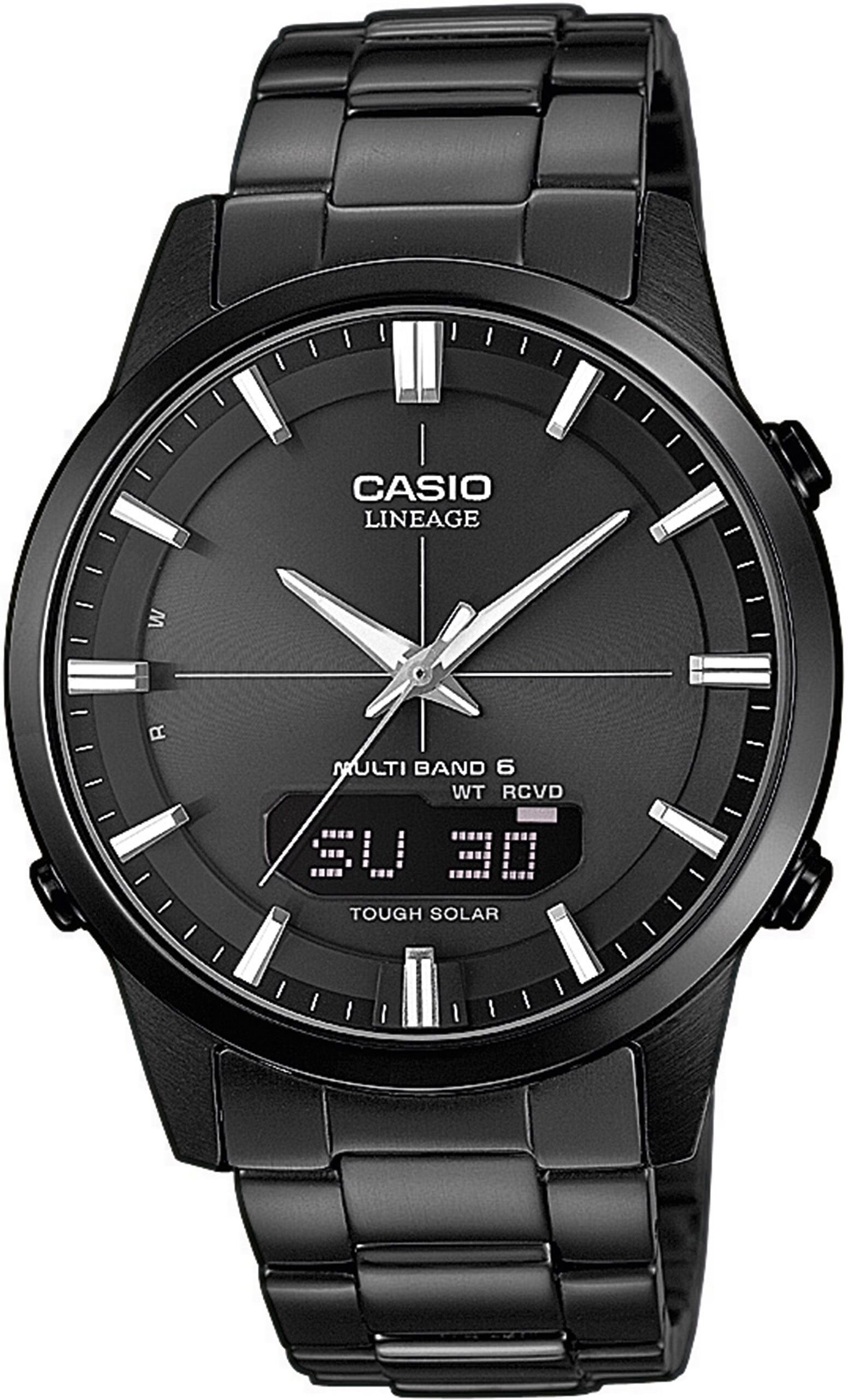 Funkchronograph CASIO FUNK, schwarz (schwarz, schwarz), Armbanduhren, Herren, schwarz, Funkchronograph, Solaruhr, Armbanduhr, Herrenuhr, Funkuhr, Edelstahlarmband, Saphirglas
