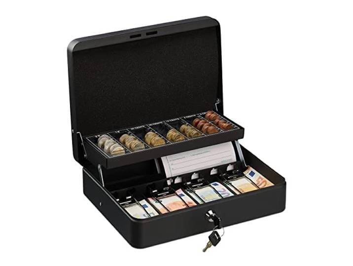 Relaxdays Caisse à monnaie\, verrouillable\, monnayeur & 4 compartiments à billets\, fer\, HLP 8\,5 x 30\,5 x 24\,5 cm\, noir