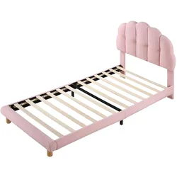 MODFU Einzelbett Bouclé Rosa 90x200 cm, Polsterbett mit Holzlattenrost und manuell verstellbarem Kopfteil