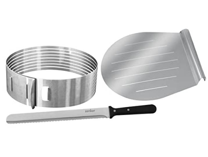 Zenker 7705 Patisserie Tortenboden-Schneidhilfe-Set – Inkl. Konditormesser & Kuchen-Retter, Edelstahl, Ø26/28 cm, Silber