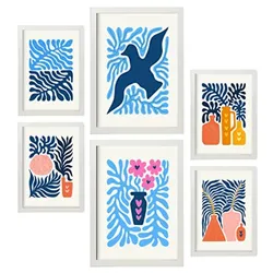 POSTER Set Mit 6 Minimalistischen In Leuchtenden Farben Blaue Blätter Drucke Von Landschaften Und Natur Für Innenarchitektur A3 & A4 Weißer Rahmen
