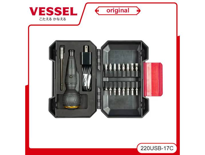 VESSEL 17 pièces tournevis électrique avec jeu d'embouts PH SL Torx HEX PZ USB Charge lumière LED 220USB-17C