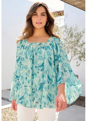 Plus Size Women's Square Neck Lurex Blouse by Roaman's in Turquoise Mixed Leaves (Size 14 W)