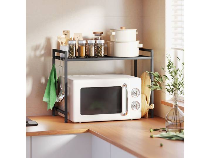HOMCOM Étagère Micro-ondes 2 Niveaux Métal Noir Extensible